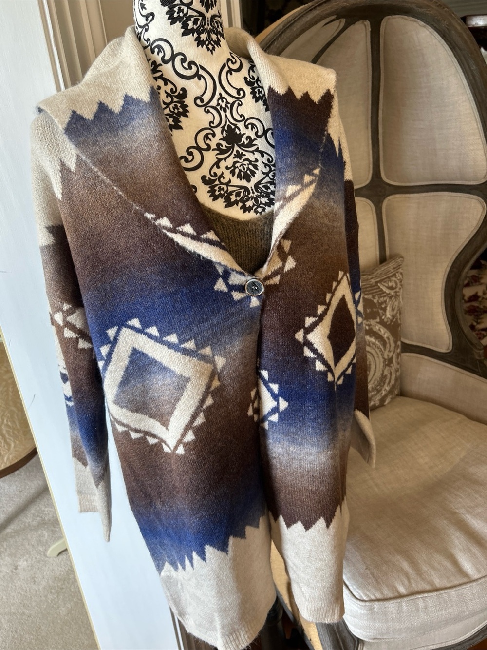 NWT Women's Shawl Collar Aztec Pattern Sweater Cardigan - Blue & Brown